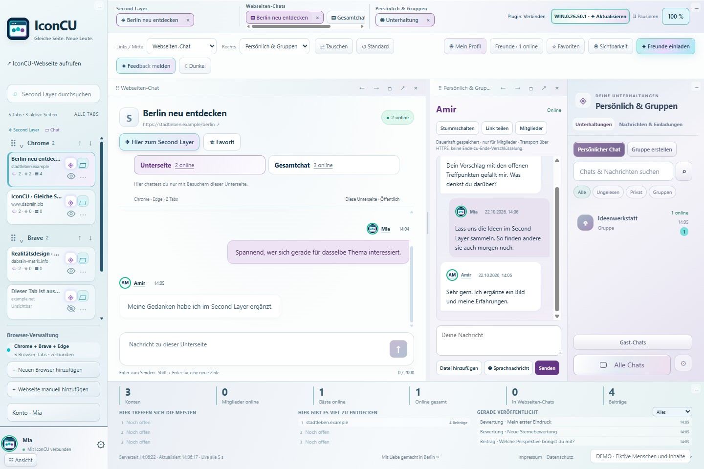 IconCU mit Webseiten-Chat links und einem persönlichen Gespräch rechts im geteilten Hauptfenster