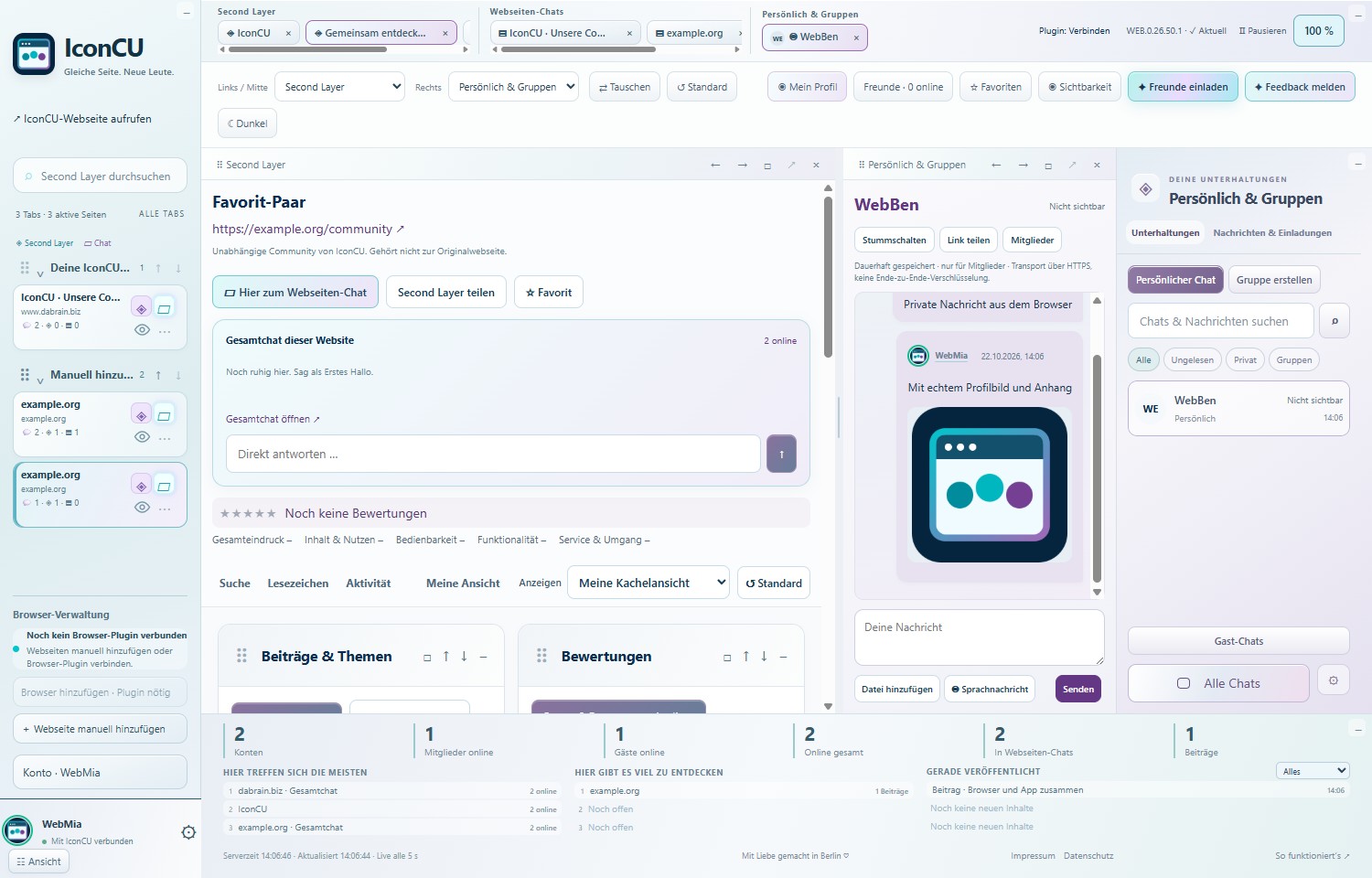IconCU Web-App mit Second Layer und persönlichem Chat nebeneinander